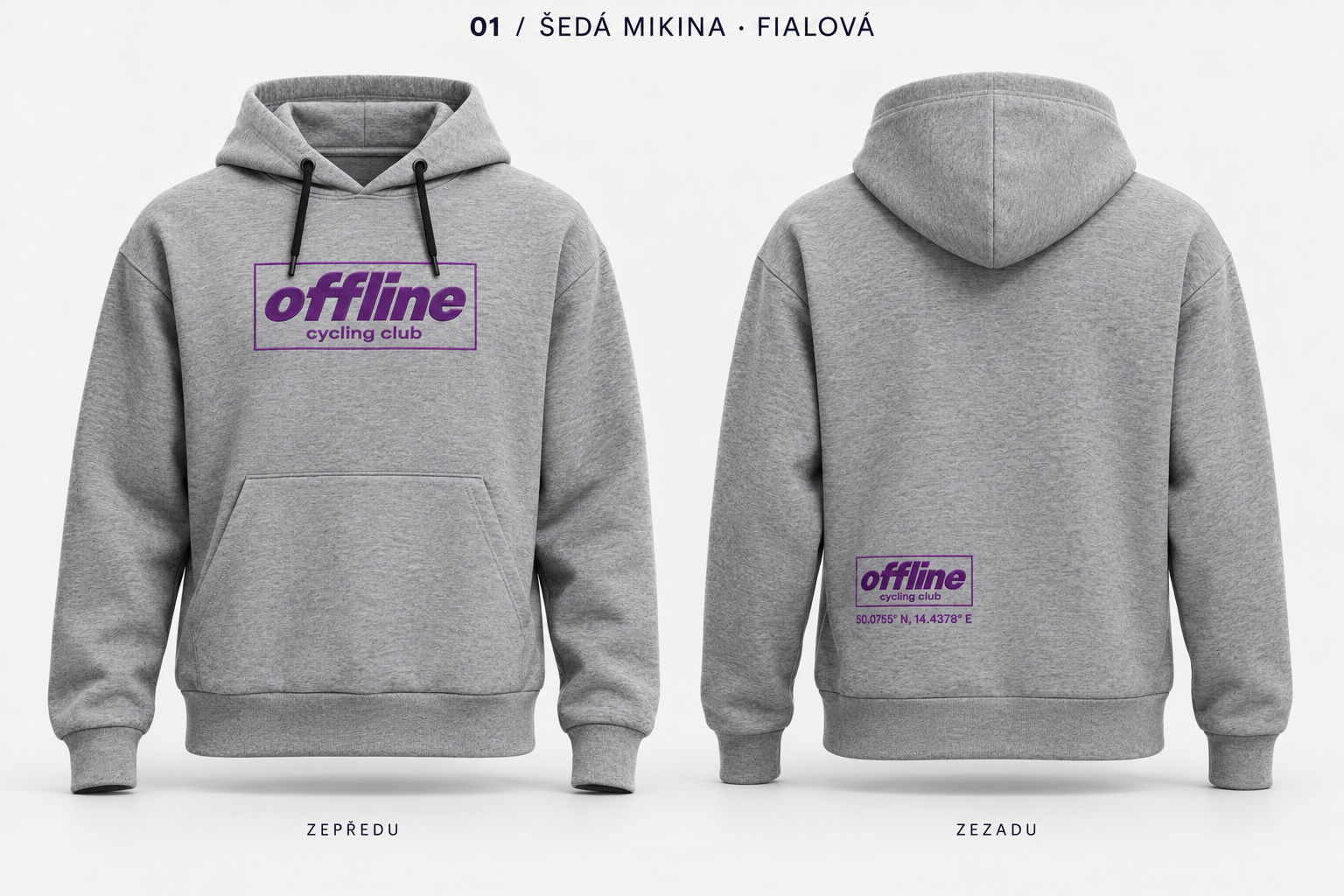 Šedá mikina s fialovým logem offline cycling club