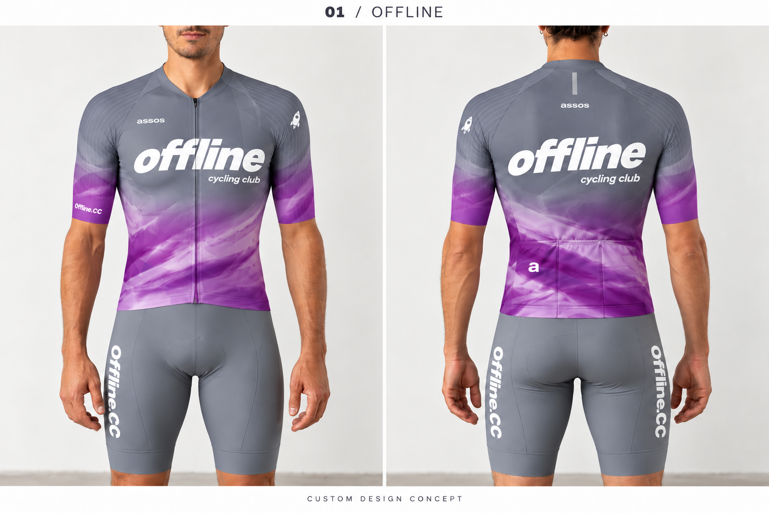 Šedofialový týmový cyklistický dres offline cycling club, pohled zepředu a zezadu