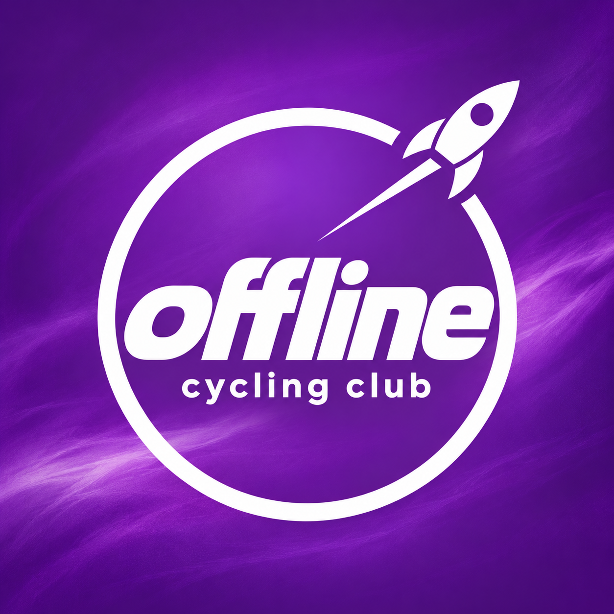 Návrh 03 Orbit: bílé logo offline cycling club s raketou a kruhovou oběžnou dráhou na fialovém pozadí
