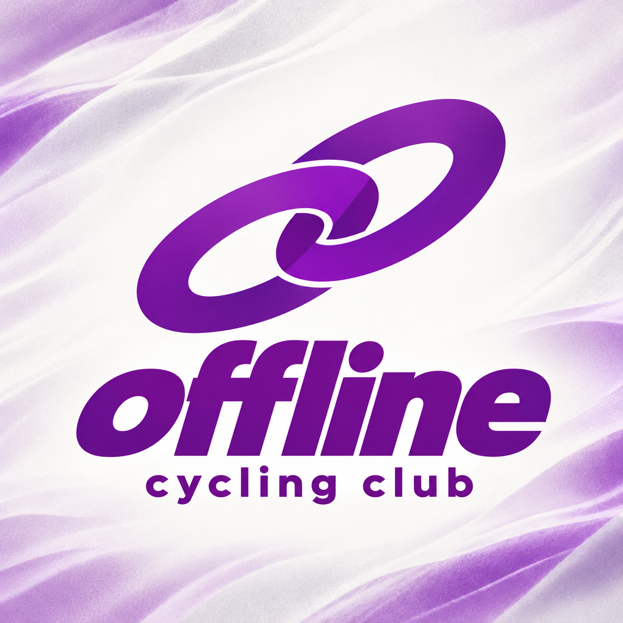 Návrh 04 Connection: fialový symbol dvou článků řetězu a nápis offline cycling club na světlém textilním pozadí